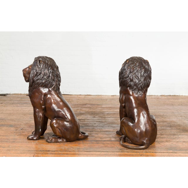 Early 21st Century Contemporary Lost Wax Cast Outdoor Sitting Lions with Dark Bronze Patina - A Pair For Sale - Image 5 of 13