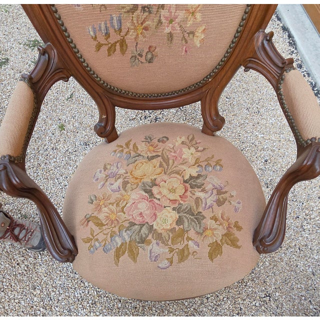 Champagne Victorian Floral Needlepoint Tapestry Covered Armchair For Sale - Image 8 of 12
