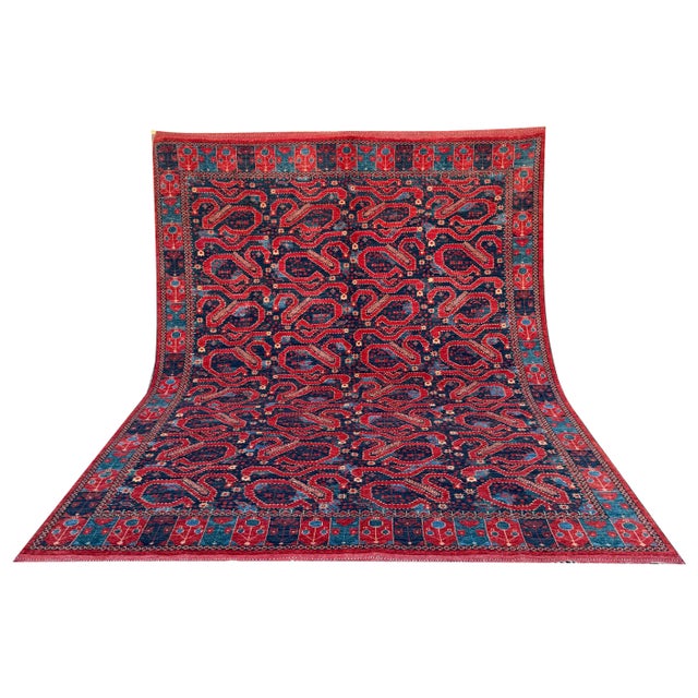 Late 20th Century Hand-Knotted Paisley Tribal Rug – Bold Red & Navy Pattern – 317x250 Cm For Sale - Image 11 of 18