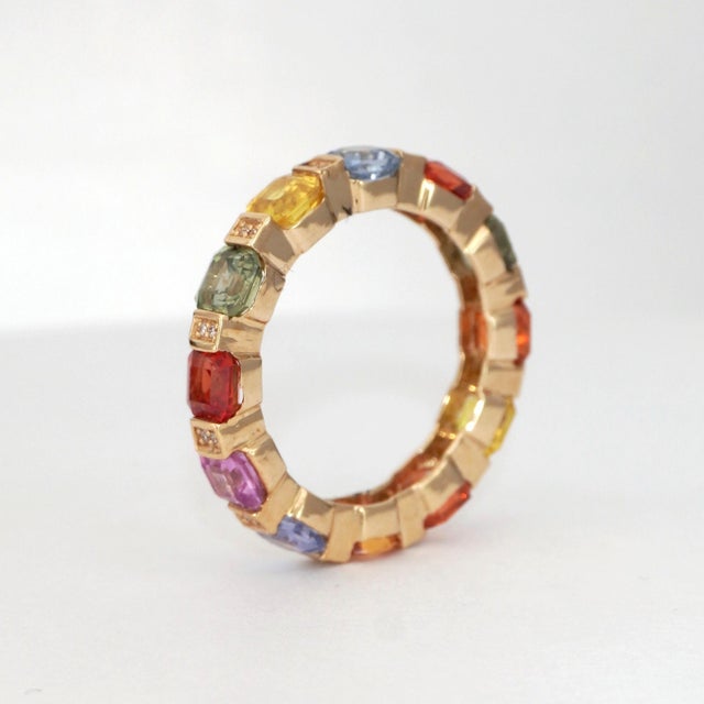 14k Gold Multi-Gemstone Ring With Asscher-Cut Sapphires For Sale - Image 12 of 18