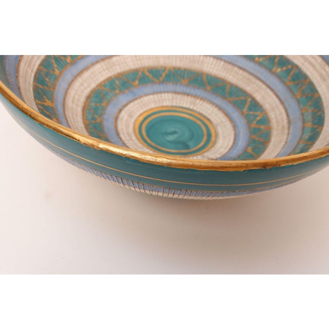 Teal Large Teal and Gilt Ceramic "Seta" Pedestal Bowl by Aldo Londi for Bitossi Italy For Sale - Image 8 of 16