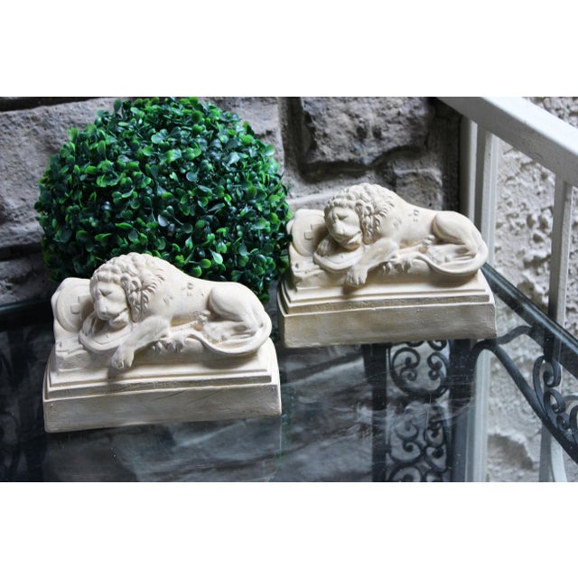 Sleeping Lion Monument Statuary Statues Pair Small Balcony Patio Set Of 2 Vintage Stunning pair of sleeping lion statues....