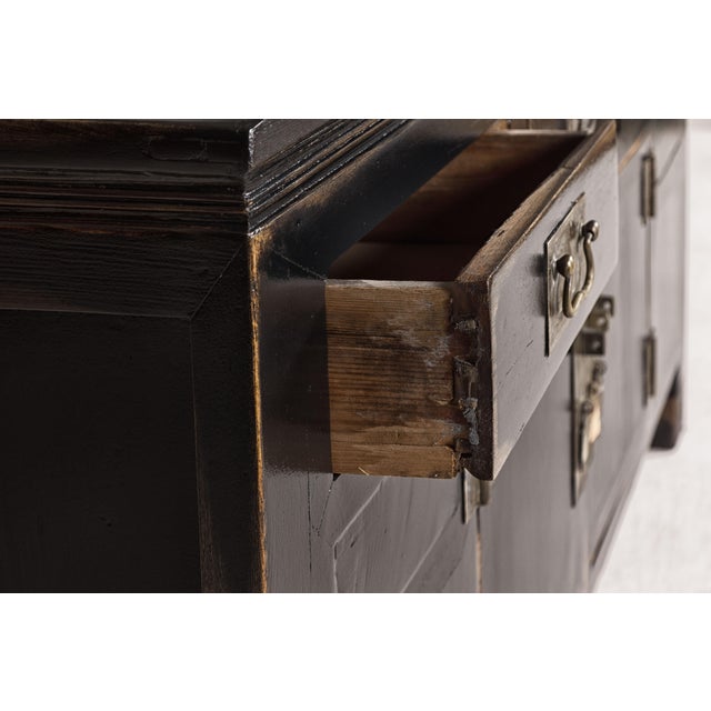 Asian Black Lacquer Sideboard with Rubbed Edges, Brass Hardware, Doors and Drawers For Sale - Image 3 of 12