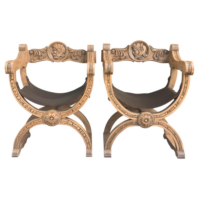 19th Century Pair of Carved Walnut Leather Savonarola Bench or Settee For Sale - Image 15 of 18