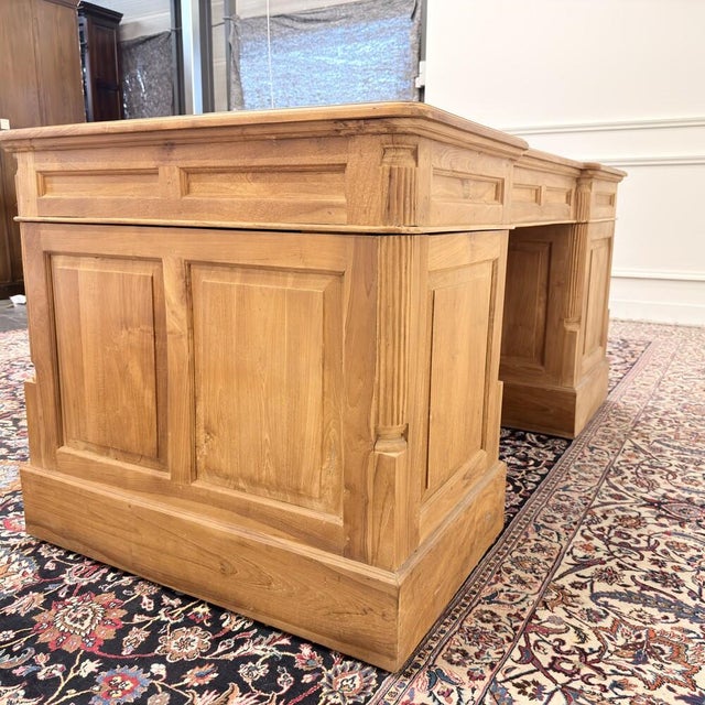 Metal English Teak Desk with Brown Leather Top For Sale - Image 7 of 18
