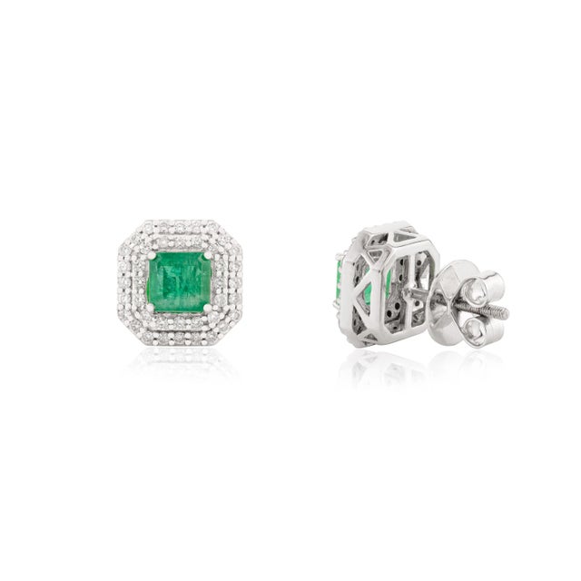 Not Yet Made - Made To Order 14k Gold Statement Emerald & Diamond Halo Earrings Wedding Gift- A Pair For Sale - Image 5 of 11
