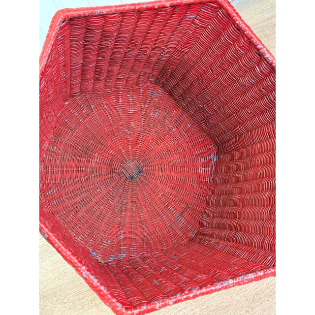 Vintage Coastal Boho Red Wicker Octagonal Basket Hamper For Sale - Image 6 of 10