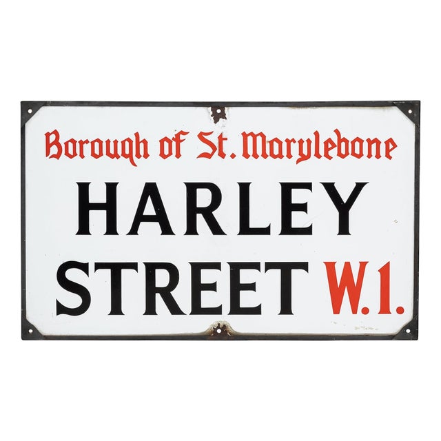 Enamelled Metal London Street Sign for Harley Street, 1930s For Sale