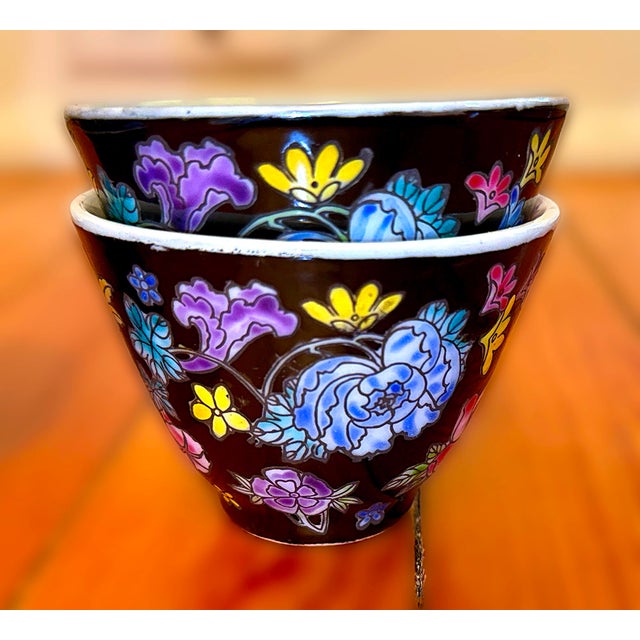 Late 20th Century Vintage Chinese Tea Cups Famille Noire Porcelain For Sale - Image 5 of 10