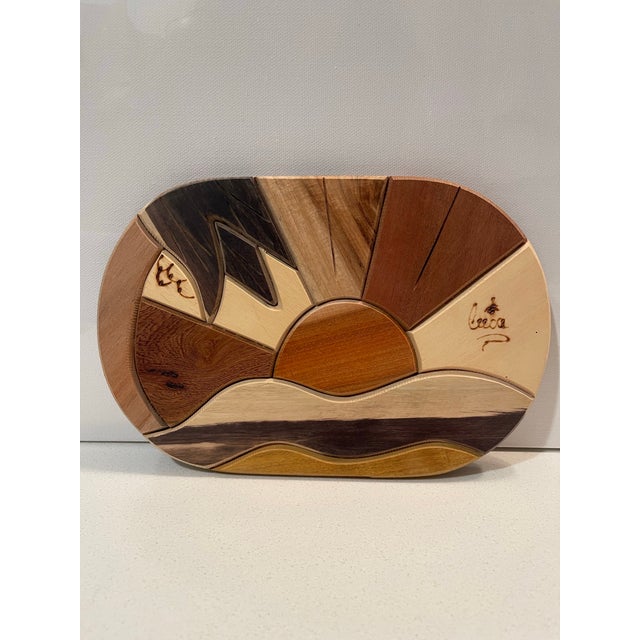 Late 20th Century Artisan Wooden Intarsia, Sunset Over Beach Waves, Signed. For Sale - Image 11 of 11