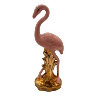 Mid 20th Century Ceramic Fancy Bird Pink & Gold Flamingo Tabletop Statue For Sale