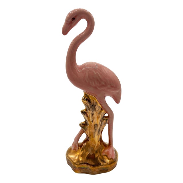 Mid 20th Century Ceramic Fancy Bird Pink & Gold Flamingo Tabletop Statue For Sale
