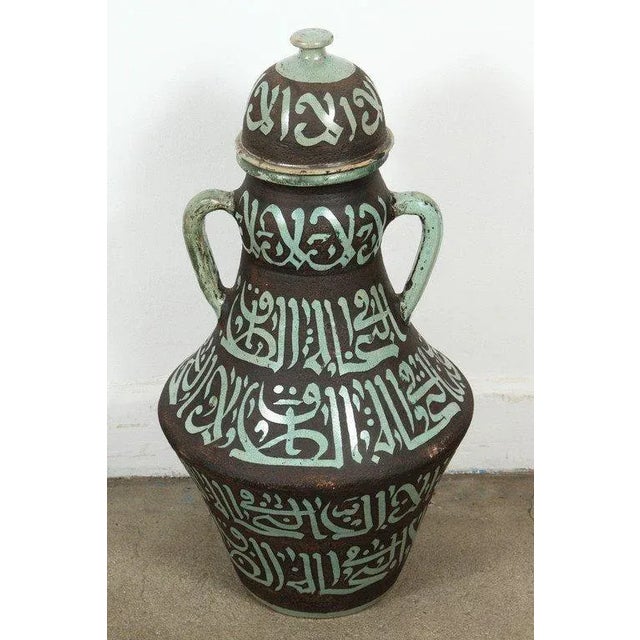 Brown Moroccan Green and Brown Chiselled Ceramic Urns With Handles - a Pair For Sale - Image 8 of 9