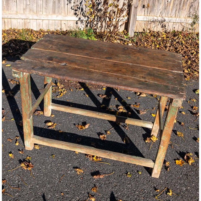18th or 19th Century Rustic Primitive Farmhouse Table in Old Green Paint For Sale - Image 4 of 18