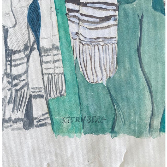 Paint Harry Sternberg, Modernist Rabbi In Synagogue Judaica Watercolor Harry Sternberg For Sale - Image 7 of 9