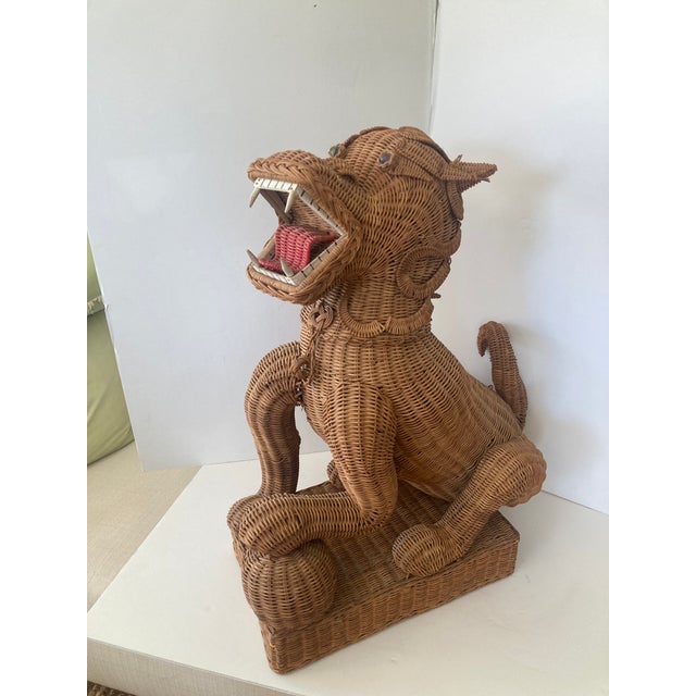 Very Large Boho Chic Wicker Foo Dog. Great details and love the painted wood teeth. Incredible hand work to create the...
