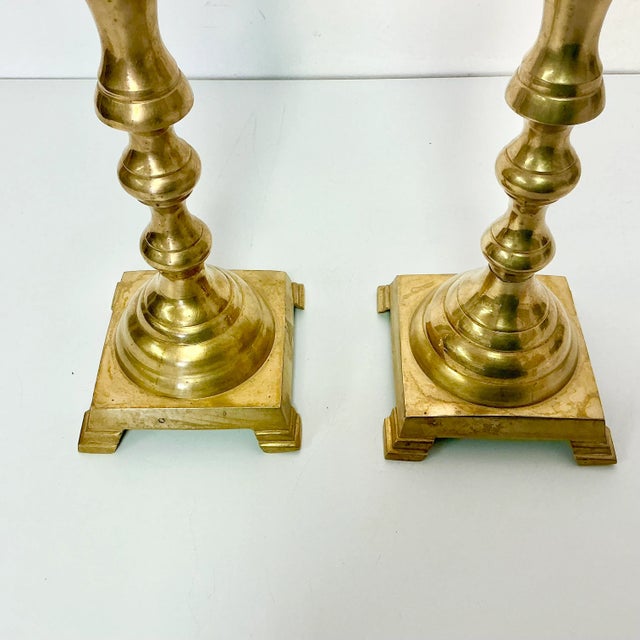 Mid 20th Century Mid-Century Boho Chic Arts & Crafts Brass Alter Candlestick Holders - A Pair For Sale - Image 5 of 11