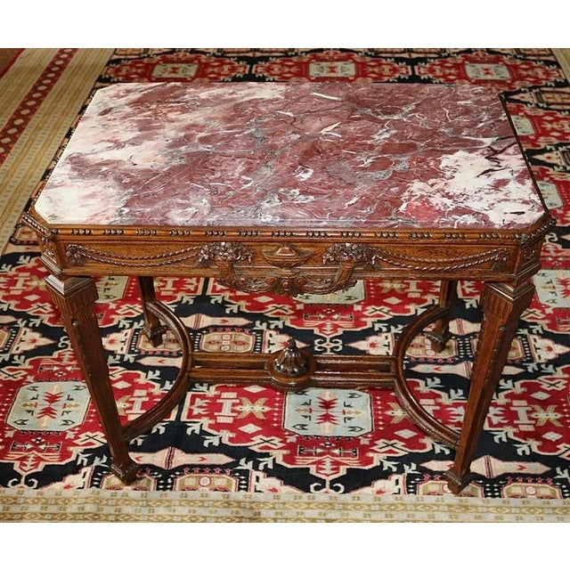 Carved Oak Louis XVI Style Marble Top Occasional Table by Karpen For Sale - Image 10 of 12