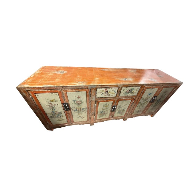 Asian Vintage Mongolian Hand Painted Elm Wood Large Cabinet W/ Six Doors 77" W For Sale - Image 3 of 11