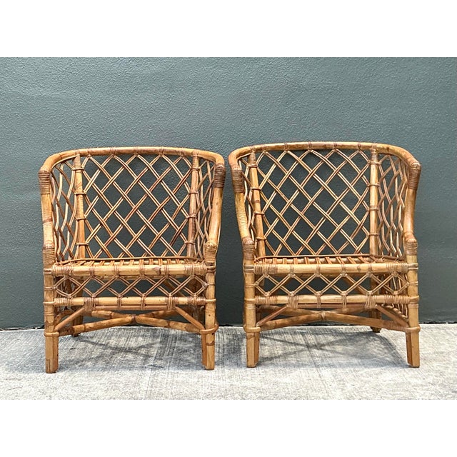 Wood Vintage Trellis Rattan Lounge Chairs - A Pair For Sale - Image 7 of 12
