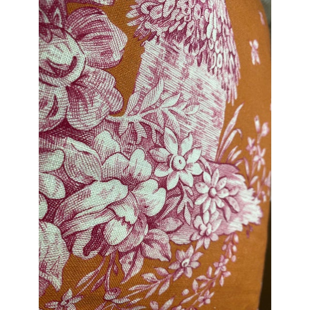 French Country Orange & Pink Toile Throw Pillow Cover For Sale - Image 3 of 3