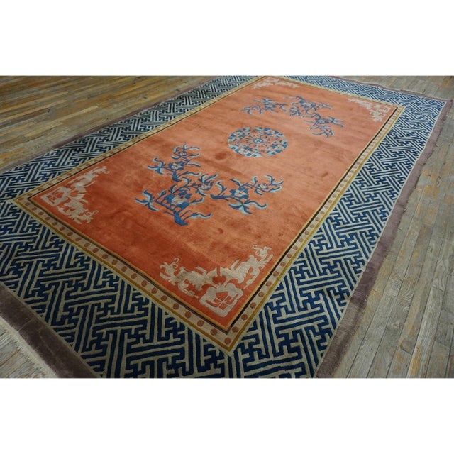 1920s Orange Pictoral Field Greek Key Antique Chinese Art Deco Wide Gallery Rug For Sale - Image 9 of 10
