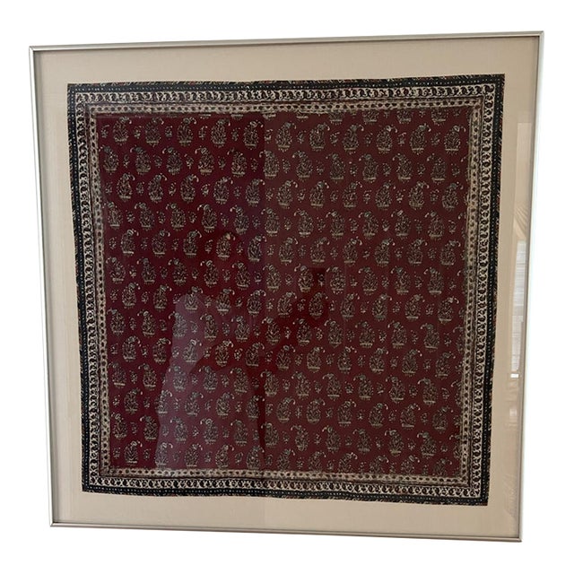 Vintage Hand‑Painted Yazd Silk Textile (1970s) — Professionally Framed on Linen, Maroon Ground For Sale