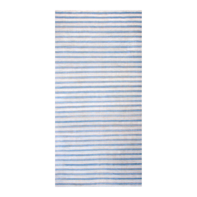 1940s White Blue Stripe Antique Dhurrie Indian Rug 7'8" X 15'6" Flatweave Cotton Carpet For Sale