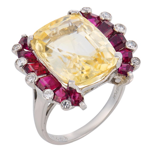 1950s Oscar Heyman Gia 17.33 Carat No Heat Yellow Sapphire Ruby Diamond Platinum Ring, Size 7.5 For Sale