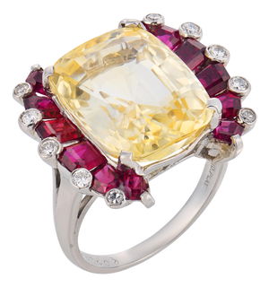 1950s Oscar Heyman Gia 17.33 Carat No Heat Yellow Sapphire Ruby Diamond Platinum Ring, Size 7.5