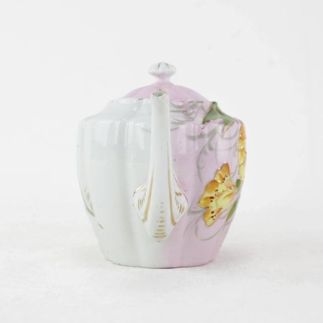 Art Deco Vintage Pink Floral Teapot With Yellow Blossoms and Green Leaves – Hand-Painted Porcelain Teapot, Collectible Art Deco Style For Sale - Image 3 of 11