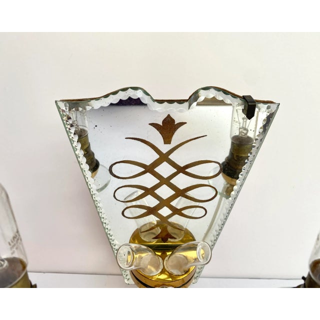 1920s Art Deco Mirrored Brass Wall Sconces with Textile Shades, Italy, 1920s, Set of 2 For Sale - Image 5 of 10