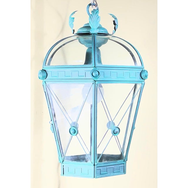 Vintage Style Solid Brass Verdigris Hanging Lantern - Restored & Rewired For Sale - Image 9 of 13