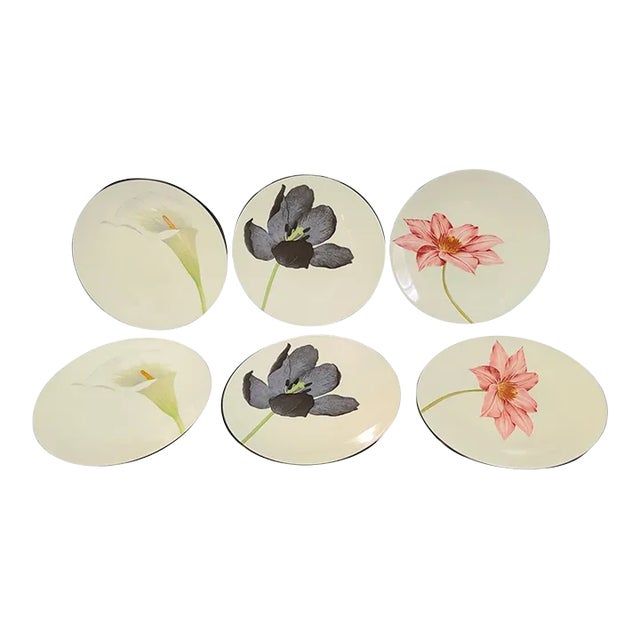 Vintage Noritake Stone Ware Colorware Graphite Floral Appetizer Hors D' Oeuvre Plates- Set of 6 For Sale