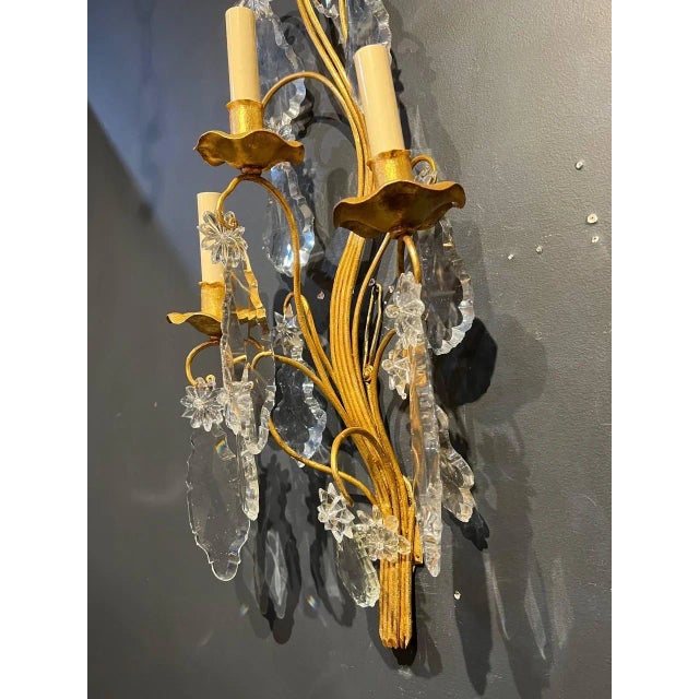 Maison Baguès 1930’s Bagues 3 Lights Large Sconces With Big Crystals Pendants For Sale - Image 4 of 6