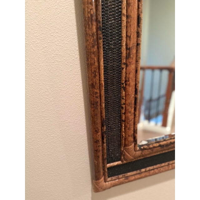Wood Vintage British Colonial Style Burnt Bamboo and Cane Wall Mirror For Sale - Image 7 of 12