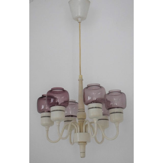 Mid-Century Modern White with Pastel Purple Glass Model T-526 Chandelier by for Markaryd, Sweden, 1964 For Sale - Image 3 of 7