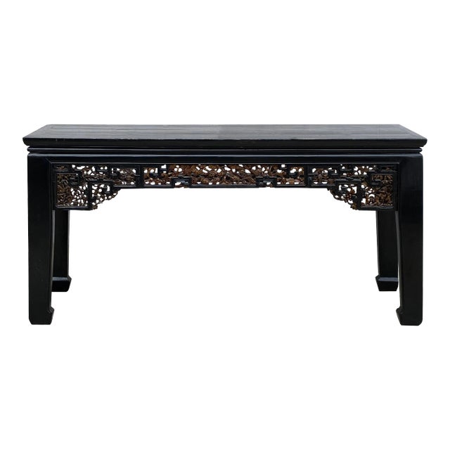 Chinese Vintage Black Golden Carving Long Altar Console Table For Sale