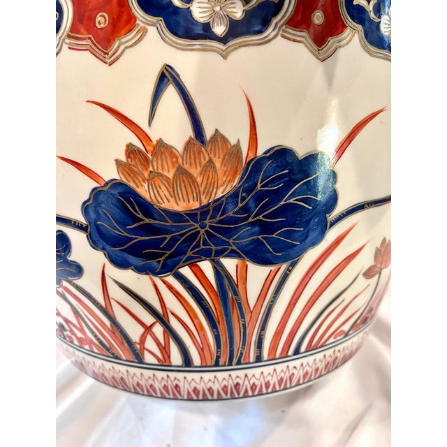 Antique 13" Japanese Imari Porcelain Lotus Motif Jardiniere Planter For Sale - Image 10 of 14