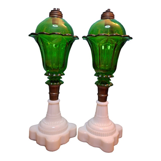 Antique Emerald Green Glass Whale Oil Lamps Milk Glass Base Eapg 13.5" - a Pair For Sale
