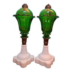 Antique Emerald Green Glass Whale Oil Lamps Milk Glass Base Eapg 13.5" - a Pair