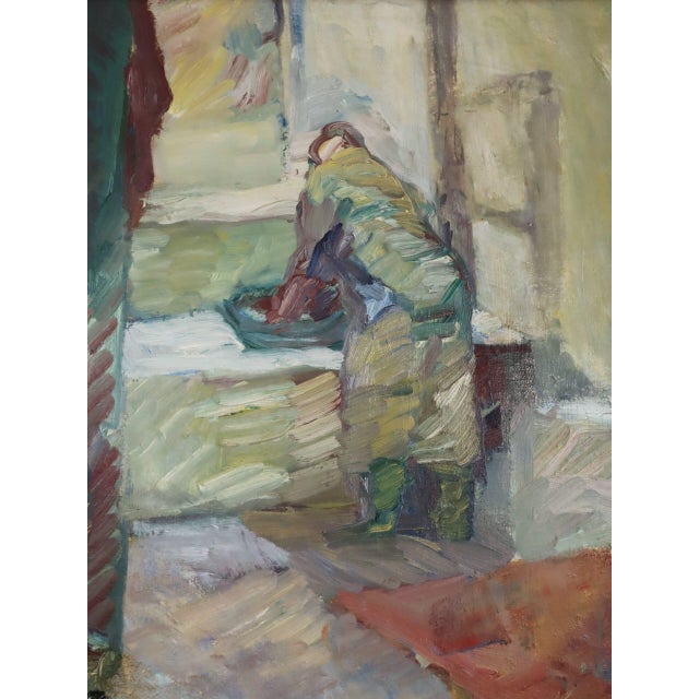 Yellow Mid-Century Modern 'Figure by the Window' Swedish Abstract Figurative Oil Painting, Framed For Sale - Image 8 of 12