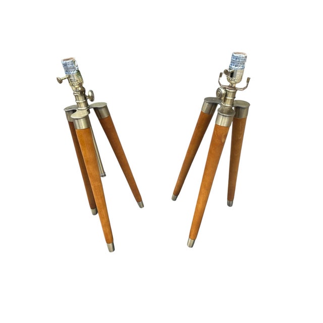 Mid-Century Modern Set of Two 1970s Mid-Century Modern Wood Tripod Lamp Gold Accents For Sale - Image 3 of 12