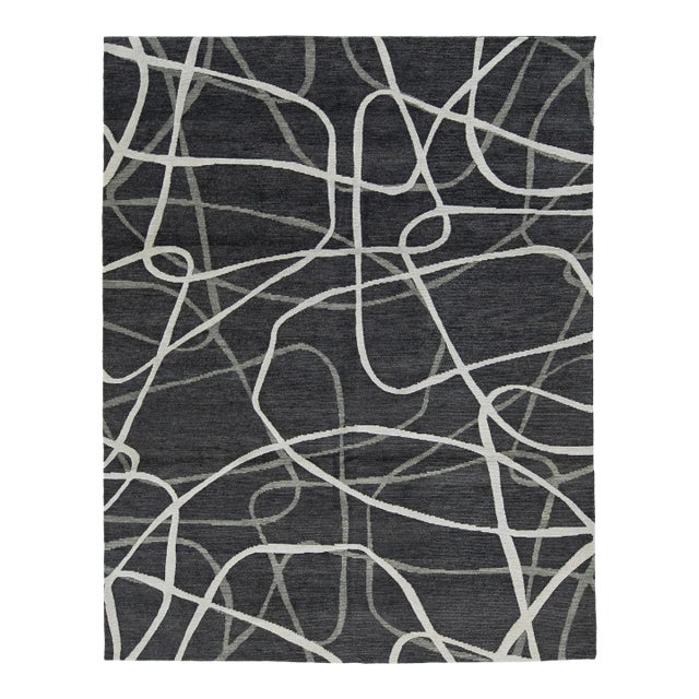 Handmade Abstract Contemporary Wool Rug in Dark Gray For Sale