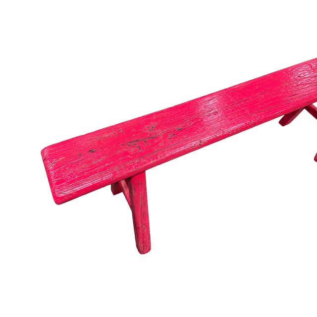 Bright Pink Wood Grain Rectangle Long Slim Stool Bench Side Table For Sale - Image 10 of 10