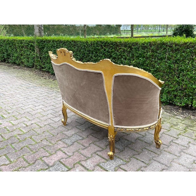 1970s 1970s French Louis XVI Tan Velvet Gilt Beech Settee For Sale - Image 5 of 17