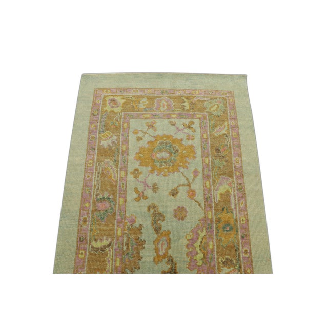 Modern Turkish Oushak Runner Rug Green & Gold Handmade For Sale - Image 3 of 5