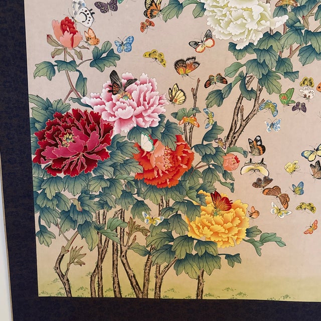 Vintage Chinese Hanging Scroll Painting — Hundred Butterflies & Peonies With Calligraphy, Silk Brocade Mount For Sale In Columbus - Image 6 of 12