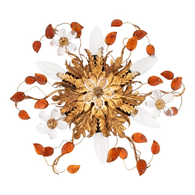 1970s Mid Century Modern Italian Toleware Flush Mount by Banci Firenze, Gold Red For Sale