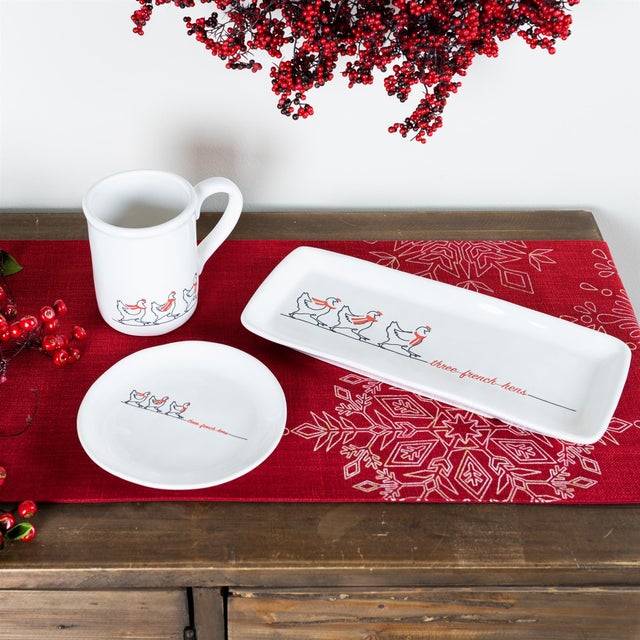 Add a festive touch to your holiday gatherings with the Stoneware Three French Hens Plate Set. This set of four plates...